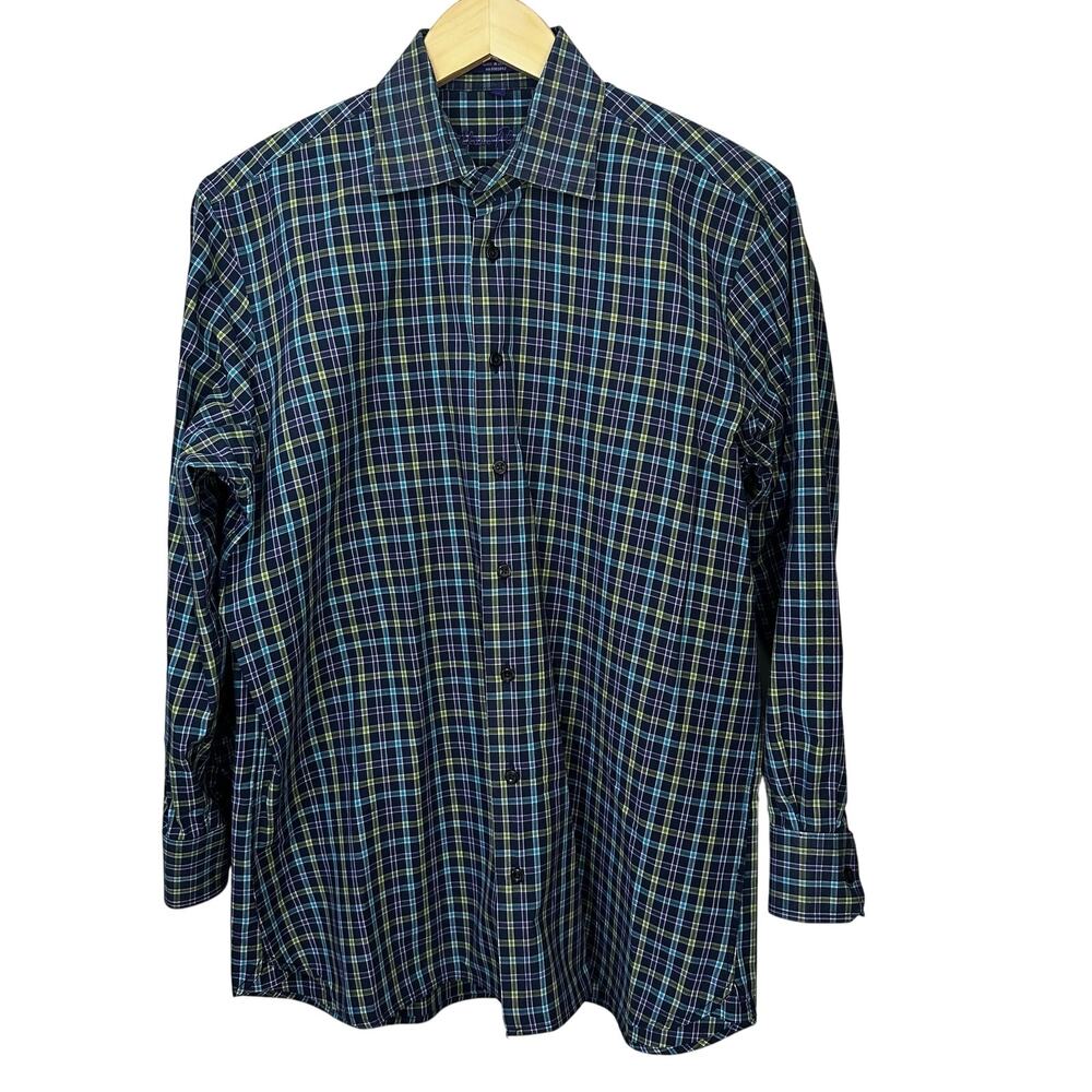 Alan Flusser Shirt Mens Medium Blue Check Long Sleeve Button Up Casual Work